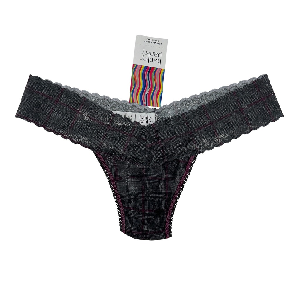 Hanky Panky Low Rise Thong Women One Size Grey Pink Plaid Lace Intimates NWT